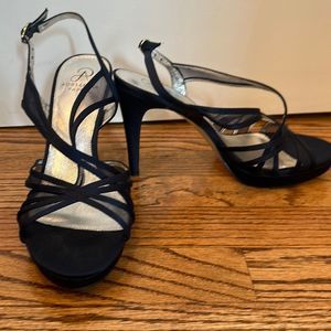 Adrianna Papell 9.5 satin mesh navy blue Strappy platform  shoe 4 inch heels